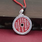 Vintage Silver Mountain Spirit Coin Pendant Necklace Traditional Chinese Style Vermilion Coin Lucky Lock Ornament