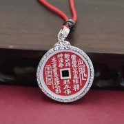 Vintage Silver Mountain Spirit Coin Pendant Necklace Traditional Chinese Style Vermilion Coin Lucky Lock Ornament