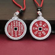 Vintage Silver Mountain Spirit Coin Pendant Necklace Traditional Chinese Style Vermilion Coin Lucky Lock Ornament - Image 2