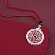 Vintage Silver Mountain Spirit Coin Pendant Necklace Traditional Chinese Style Vermilion Coin Lucky Lock Ornament - Image 3