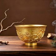 Antique Style Gold Plated Copper Bowl Peony Return Pattern Wealth Attracting Lucky Charm Tabletop Decoration Craftwork