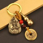 Bronze Chinese Zodiac Guardian Buddha Keychain Car Pendant Five Emperor Coins Gift Lucky Gourd Shape Red Soil Charm