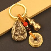 Bronze Chinese Zodiac Guardian Buddha Keychain Car Pendant Five Emperor Coins Gift Lucky Gourd Shape Red Soil Charm - Image 2