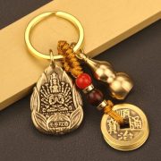 Bronze Chinese Zodiac Guardian Buddha Keychain Car Pendant Five Emperor Coins Gift Lucky Gourd Shape Red Soil Charm - Image 3