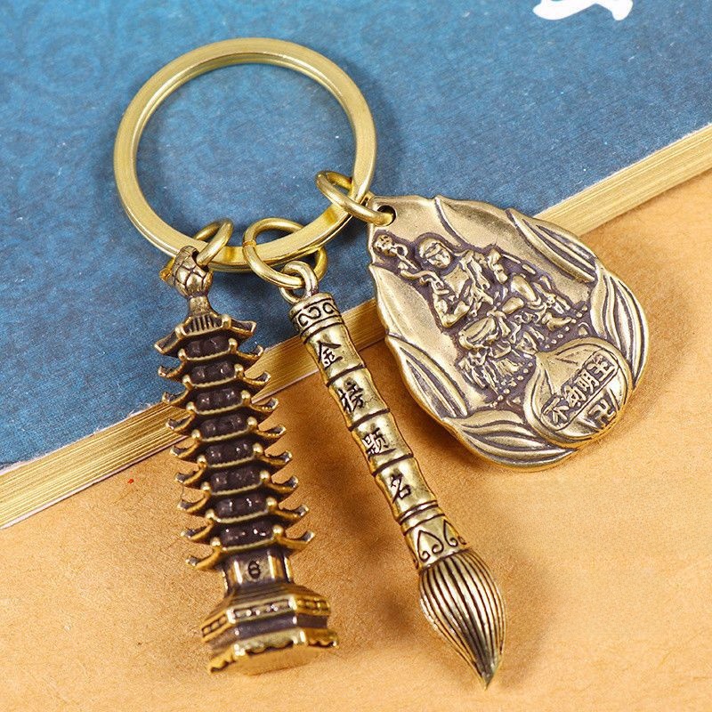 LA-684181762669_img0 Bronze Twelve Zodiac Eight Great Guardian Gods Jin Bang Titling Wenhua Pen Vintage Style Nine-Tiered Tower Keychain - Image 1