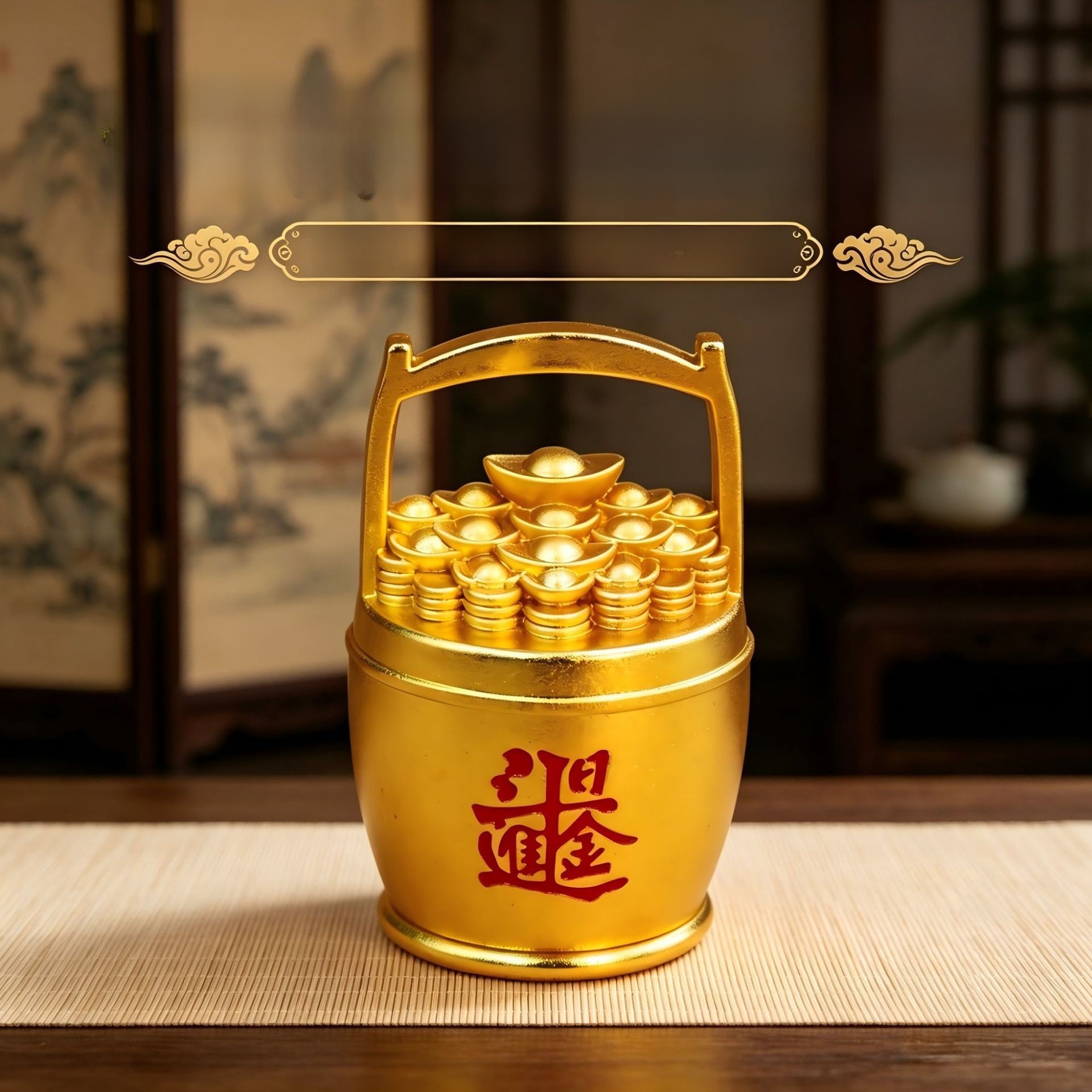 LA-820574610259_img0 Metallic Fortune Attraction Bucket Gold Office Living Room Entrance Custom Metal Craft Ornament For Wealth Gathering - Image 1