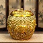 Bronze Tea Canister With Lid Office Storage Home Decor Double Fish And Five Ox Fortunate Characters Metal Craft Ornament