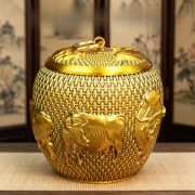 Bronze Tea Canister With Lid Office Storage Home Decor Double Fish And Five Ox Fortunate Characters Metal Craft Ornament