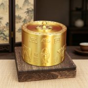 Bronze Tea Canister With Lid Office Storage Home Decor Double Fish And Five Ox Fortunate Characters Metal Craft Ornament - Image 2