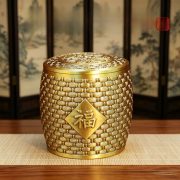 Bronze Tea Canister With Lid Office Storage Home Decor Double Fish And Five Ox Fortunate Characters Metal Craft Ornament - Image 3