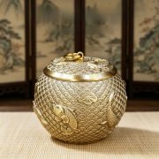 Bronze Tea Canister With Lid Office Storage Home Decor Double Fish And Five Ox Fortunate Characters Metal Craft Ornament - Image 4