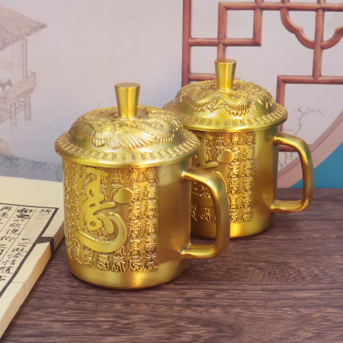 LA-848458858014_img0 Bronze Chinese Style Double Happiness Dragon And Phoenix Tea Cup Carved Home Decorative Ornaments Artistic Handicrafts - Image 1