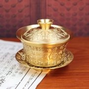 Bronze Three-Piece Tea Bowl Set With Carved Hundred Happiness Lid For Tea Ceremony Living Room Decorative Metal Crafts