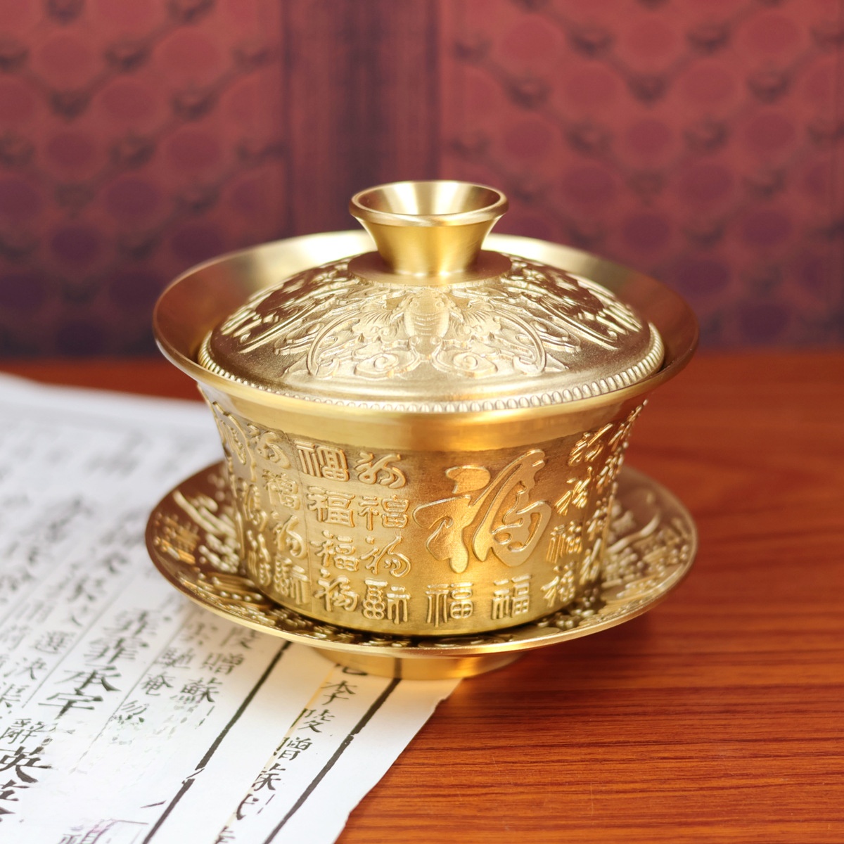 LA-916615204411_img0-1 Bronze Three-Piece Tea Bowl Set With Carved Hundred Happiness Lid For Tea Ceremony Living Room Decorative Metal Crafts - Image 1