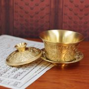 Bronze Three-Piece Tea Bowl Set With Carved Hundred Happiness Lid For Tea Ceremony Living Room Decorative Metal Crafts - Image 2