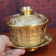 Bronze Three-Piece Tea Bowl Set With Carved Hundred Happiness Lid For Tea Ceremony Living Room Decorative Metal Crafts - Image 3