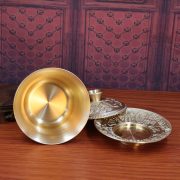 Bronze Three-Piece Tea Bowl Set With Carved Hundred Happiness Lid For Tea Ceremony Living Room Decorative Metal Crafts - Image 4