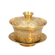 Bronze Three-Piece Tea Bowl Set With Carved Hundred Happiness Lid For Tea Ceremony Living Room Decorative Metal Crafts - Image 5