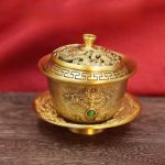 Bronze Tea Bowl Dragon And Phoenix Lid Three-Piece Set Rotating Craftwork Ornaments Tea Set Copperware Offering Bowl Home Decor Gifts