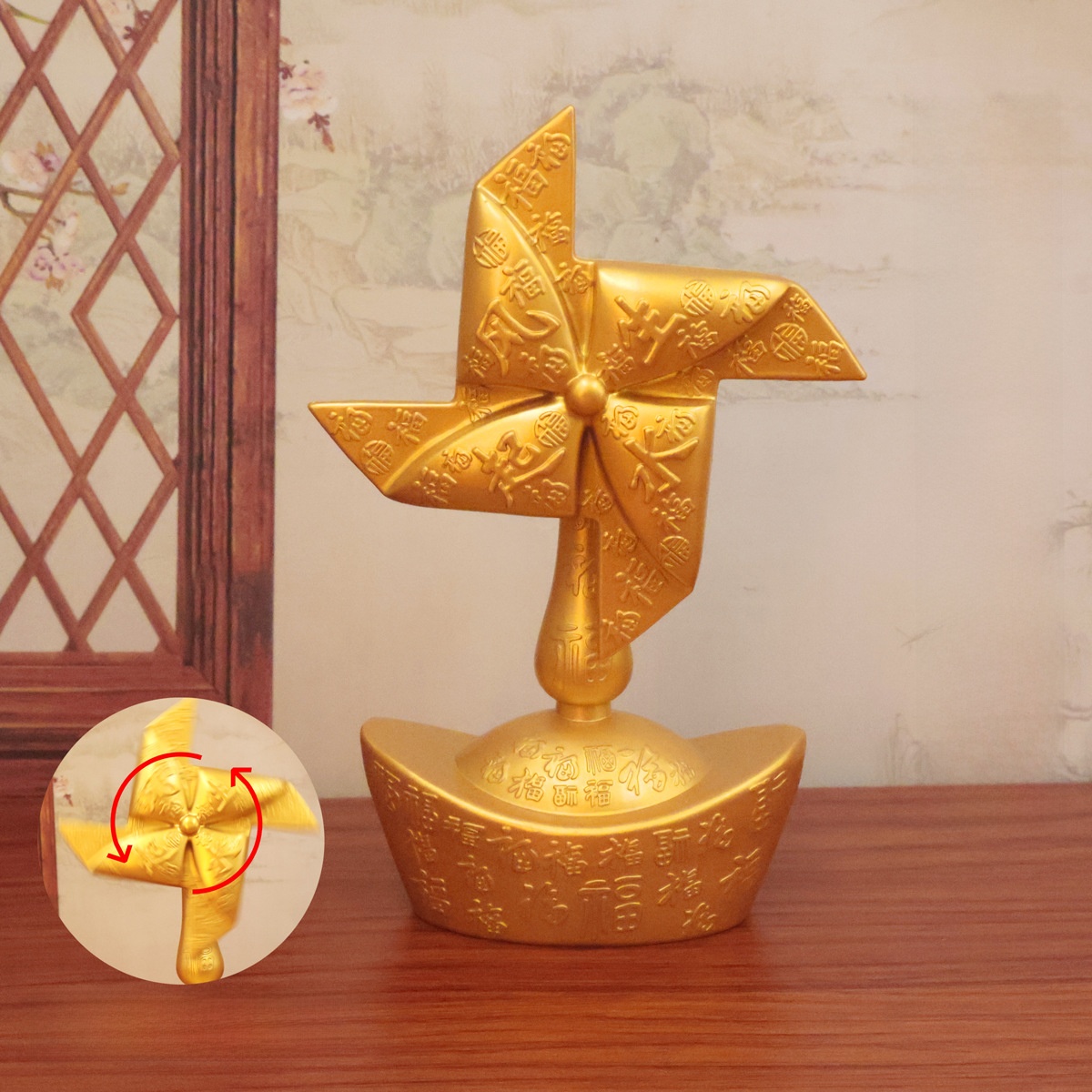 LA-972138592815_img0 Creative Metal Craft Ornament ShaJinBaiFu Wind Water Prosperity Wealth Attracting Tabletop Decoration Turnable Windmill - Image 1