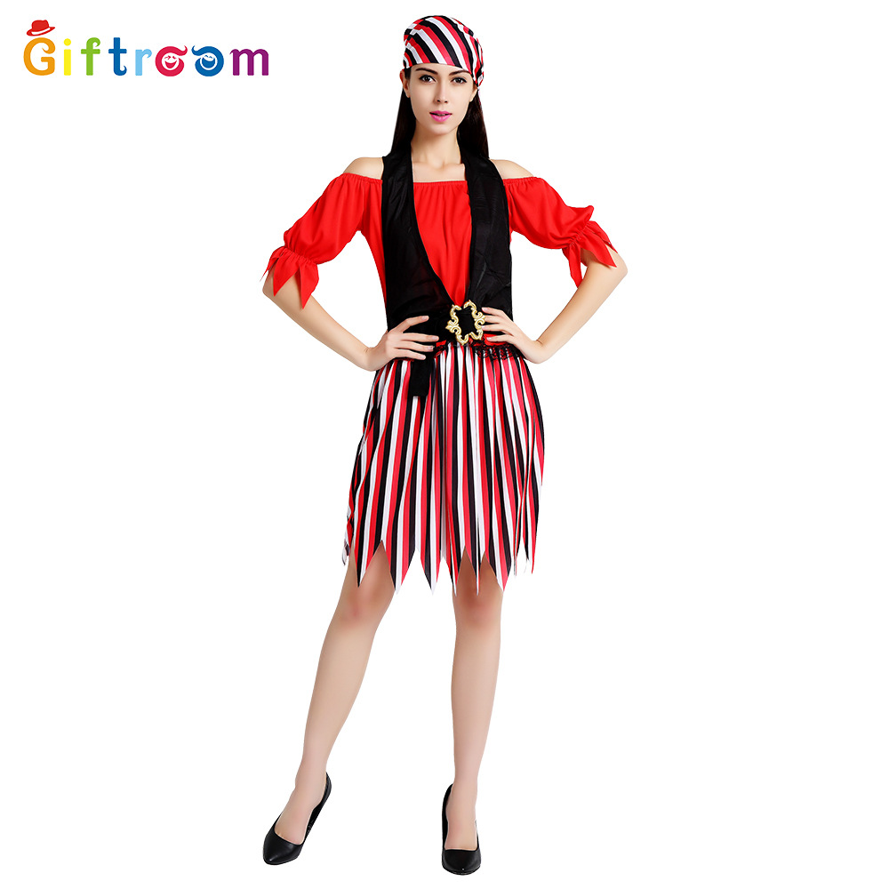 11700075048_1848635627.jpg Adult Stage Performance Costume Red Dress With Black Shoulder Pirate Design Caribbean Fashion Pirate Set Halloween Game Uniform - Image 1
