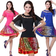 New Latin Dance Square Dance Performance Costume Sequin Skirt Bell Sleeve Dance Outfit Festival Performance Adult Stage Costume