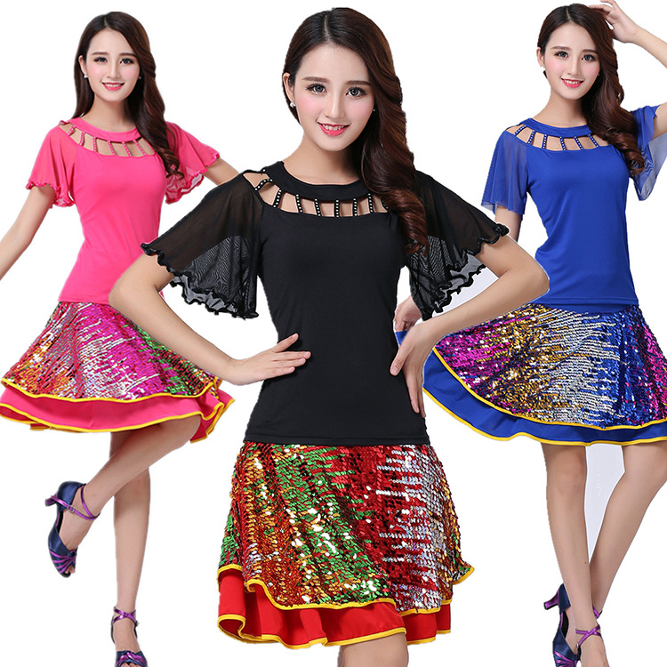 3049529985_1814685916.jpg New Latin Dance Square Dance Performance Costume Sequin Skirt Bell Sleeve Dance Outfit Festival Performance Adult Stage Costume - Image 1
