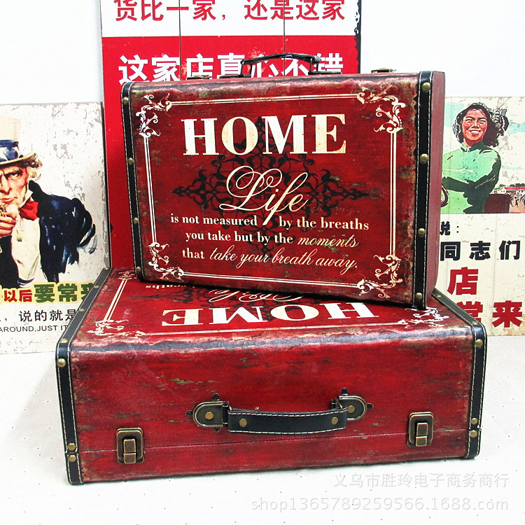 3599015420_1559393982.jpg American Vintage Wooden Craft Decorative Ornament Handheld Wooden Box Retro Style Leather Suitcase Photography Prop - Image 1