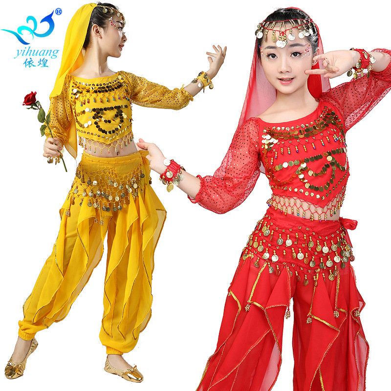 8807658886_194573334.jpg Indian Dance Belly Dance Children's Long Sleeve Chiffon Performance Costume Stage Show Outfit Adult Children's Ensemble - Image 1