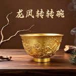 Antique Style Copper Bowl with Dragon and Phoenix Design Peony Patterned Wealth Attracting Treasure Basin Decorative Tabletop Ornament