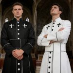 Retro Dark Style Long Coat with Cross Decoration Stand Collar Robe for Adult Stage Performance Halloween Costume Wholesale