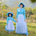 Family Outdoor Activity Outfit Light Blue Long Sleeve Polka Dot Long Skirt Adult Stage Performance Costume Country Farm Picnic Experience
