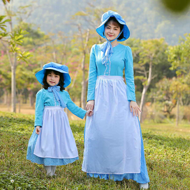 O1CN01Acr3y21vb4JHUAMLk_1746586190-0-cib.jpg Family Outdoor Activity Outfit Light Blue Long Sleeve Polka Dot Long Skirt Adult Stage Performance Costume Country Farm Picnic Experience - Image 1