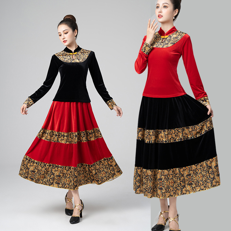 O1CN01Cmb35Q2MFXQecQ4tr_3261349798-0-cib.jpg New Adult Stage Performance Costume Velvet Long Sleeve Maxi Skirt For Square Dance Autumn Winter Classic National Dance Outfit - Image 1