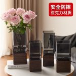 包邮中式防摔亚克力直筒花瓶木托方形插花摆件装饰创意高级感水培