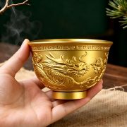 Antique Style Copper Bowl with Dragon and Phoenix Design Peony Patterned Wealth Attracting Treasure Basin Decorative Tabletop Ornament - Image 2