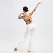 Short Dance Practice Top with Seven-Quarter Sleeves and V-neck Silver Stage Performance Costume with Split Bell Bottoms - Image 4