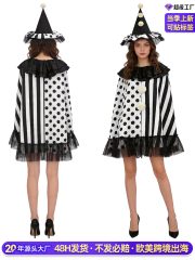 Adult Black White Witch Clown Shawl Halloween Stage Performance Party Cloak Cosplay Masquerade Gown