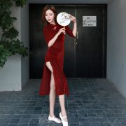 Adult Stage Performance Costume Sexy High Slit Cheongsam Velvet Dance Outfit For Autumn Winter Performances And Practice