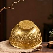 Antique Style Copper Bowl with Dragon and Phoenix Design Peony Patterned Wealth Attracting Treasure Basin Decorative Tabletop Ornament - Image 4