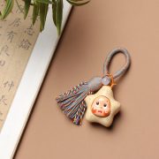 创意搞怪娃娃脸网红治愈系卡通可爱流苏包挂钥匙扣文玩黄杨木彩虹 - Image 3