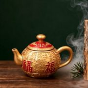 黄铜百福茶壶茶杯茶具套装青古色复古送礼物家居茶桌面摆件工艺品 - Image 4