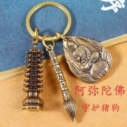 Bronze Zodiac Guardians Nine-story Tower Keychain Custom Metal Medal Badge Vintage Style Cultural Artwork Collectible Item - Image 2