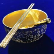 厂家直销金属工艺礼品百福碗筷勺三件套展销会礼品双鱼碗木盒套装 - Image 3